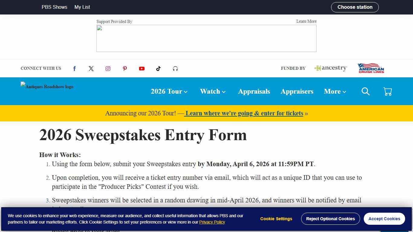 2026 Sweepstakes Entry Form Antiques Roadshow PBS Antiques Roadshow PBS